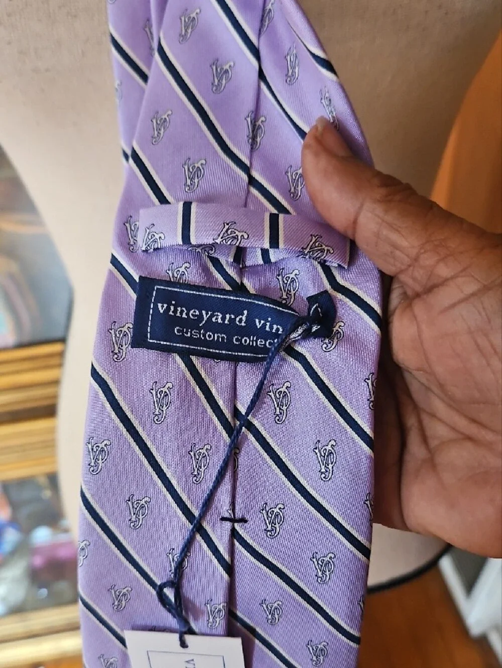 Vineyard Vines Lavender Navy Stripe Logo Silk Tie